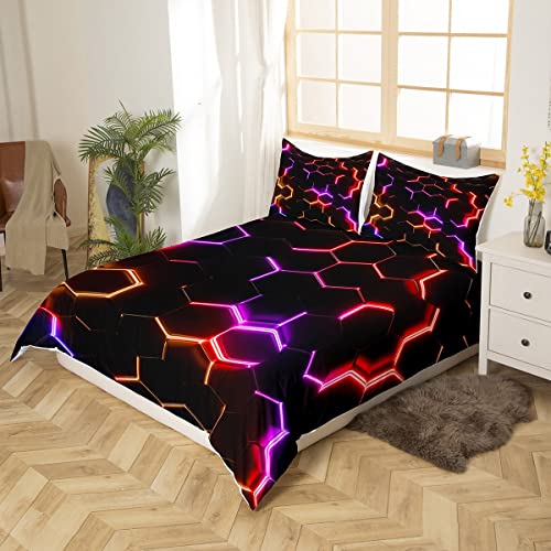 Rred Purple and Black Print Duvet Cover Hexagonal Bedding Set Kids Boys Teens Honeycomb Decor Comforter Cover Beehive Geometric Bedspread Cover Bedroom Collection 2Pcs Single Size - Image 2