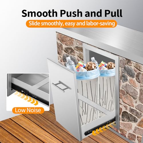 Image of Pull Out Trash Can Drawer Outdoor Kitchen Trash Cabinet Stainless Steel Flush Mount for Outdoor Kitchens & BBQ Islands 14 inch W x 25.7 inch H x 19.4 inch D