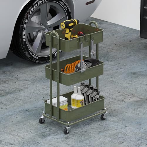 Image of Simple Houseware 3-Tier Heavy Duty Metal Utility Rolling Cart, Army Green