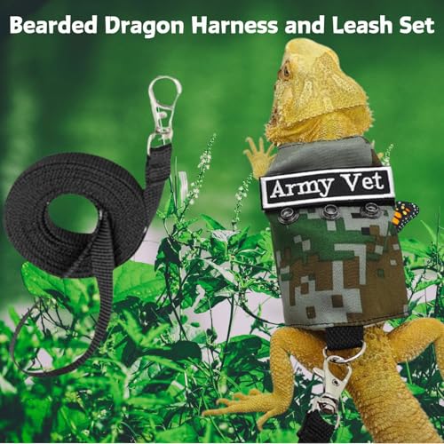 Image of Bearded Dragon Harness Leash Set with Patch Adjustable Lizard Traction Rope Escape Proof Outdoor Walking Reptile Camouflage Costume Accessories for Bearded Dragon Lizard Small Pets (Green)