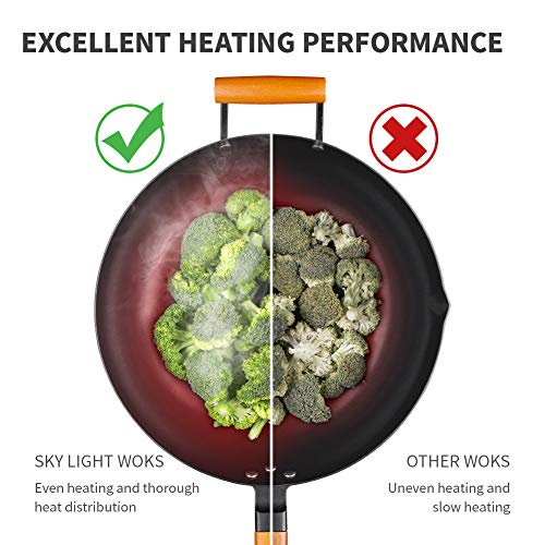 SKY LIGHT Wok Pan with Lid, No Chemical Stir Fry Pan 12.5-inch, 100% Carbon Steel Chinese Iron Pot with Detachable Wooden Handle, Scratch Resistant Flat Bottom for Electric, Induction & Gas Stoves - Thumbnail 3