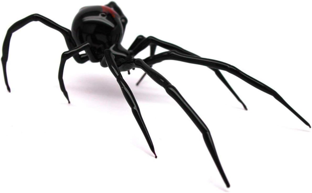 Handmade Glass Black Widow Spider Figurine – Blown Glass Insect Sculpture with Red Mark, Artistic Miniature Collectible for Halloween and Gothic Décor