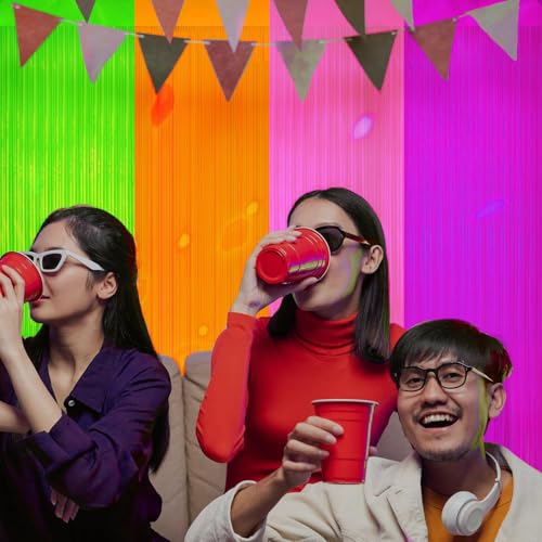 Image of 4 Pack Glow in The Dark Curtains Party Supplies 6.6 x 3.3 Ft Glow Tinsel Foil Fringe Curtains Colorful Photo Booth Prop Backdrop Streamer for Birthday Holiday Neon Party Decorations