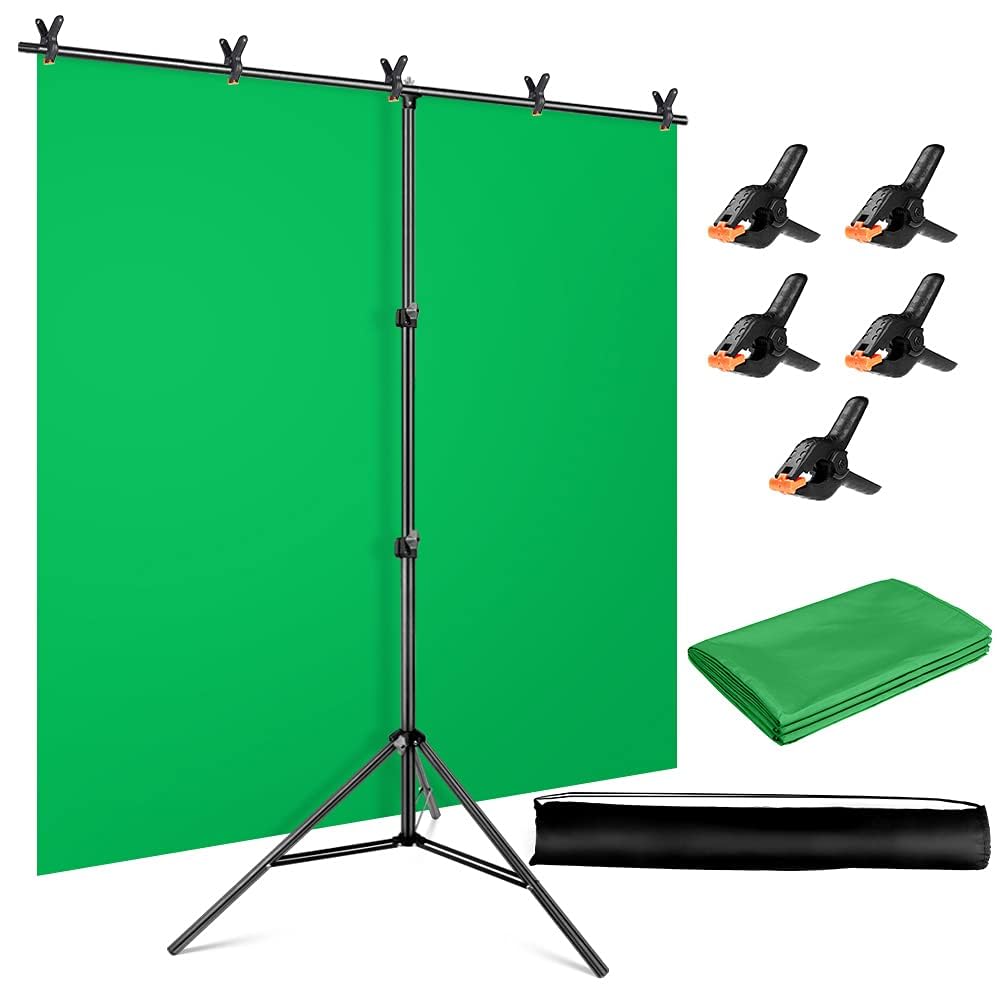 Green Screen Backdrop Kit, 5 x 6.5 ft Portable Chromakey Green Screen with T-Shaped Stand & Carrying Bag & 5 Clamps, Greenscreen Background for Streaming, Gaming, Zoom