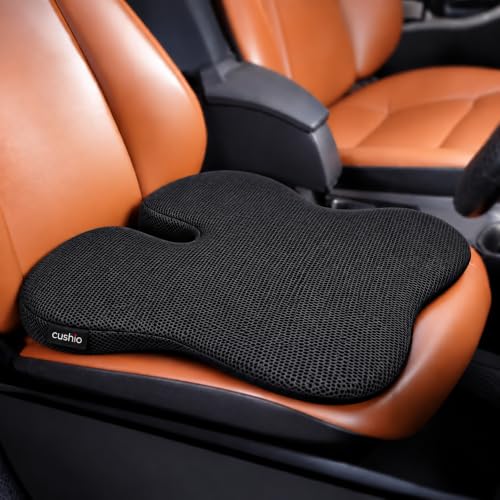 Image of CUSHIO Car Wedge Seat Cushion with Ergonomic Wedge Design, Car Seat Height Cushion for Long Drives, Relieves Hip Pain & Tailbone Pain, Coccyx Seat Cushion with Non-Slip Base (Black)