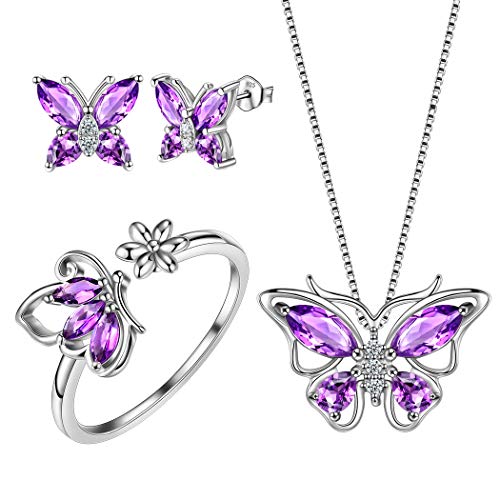Aurora Tears Butterfly Jewelry Set 925 Sterling Silver Butterflies February-Amethyst Birthstone Pendant Necklace/Earrings/Rings for Wedding Gif