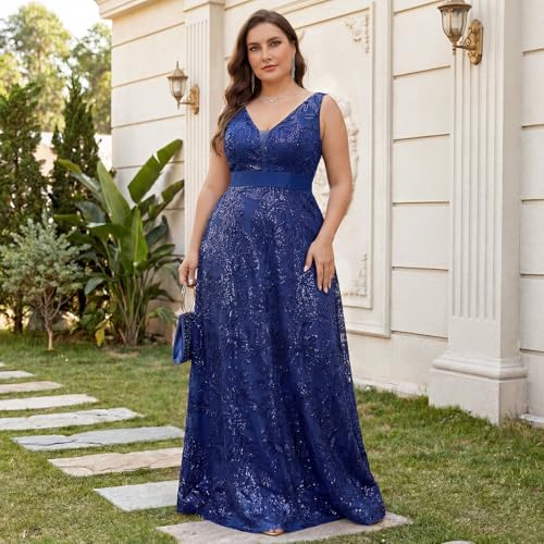 Image of Plus Size Formal Dresses for Women with Embroidery Sequin and V-Neck, A-Line Maxi Dress for Wedding and Cocktail