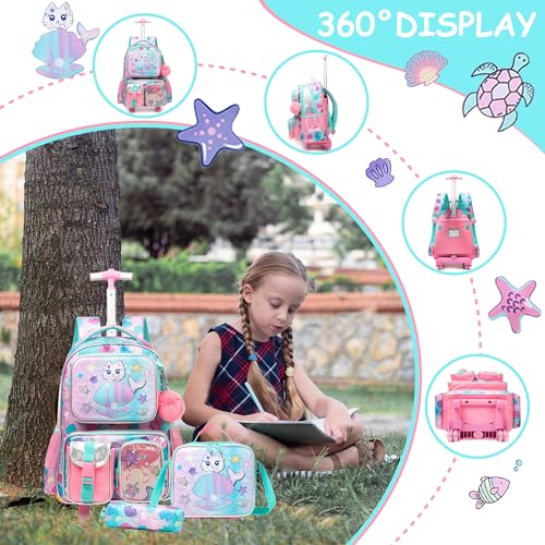 Rolling Backpack Kids Backpacks with Wheels for Girls 3PCS School Back Pack with Lunch Box Bookbag Age 8-10 Book Bag Kindergarten Preschool Kid Seashells and Cats3