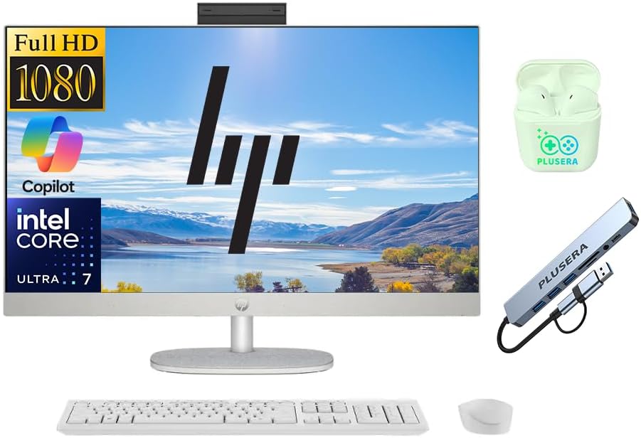 HP 27" FHD All-in-One Desktop Computer, Intel 12-Core Ultra 7 155U Processor, 32GB RAM 1.5TB Storage (1TB SSD+512GB External), Wireless Keyboard & Mouse, Windows 11, PLUSERA Earphones, White