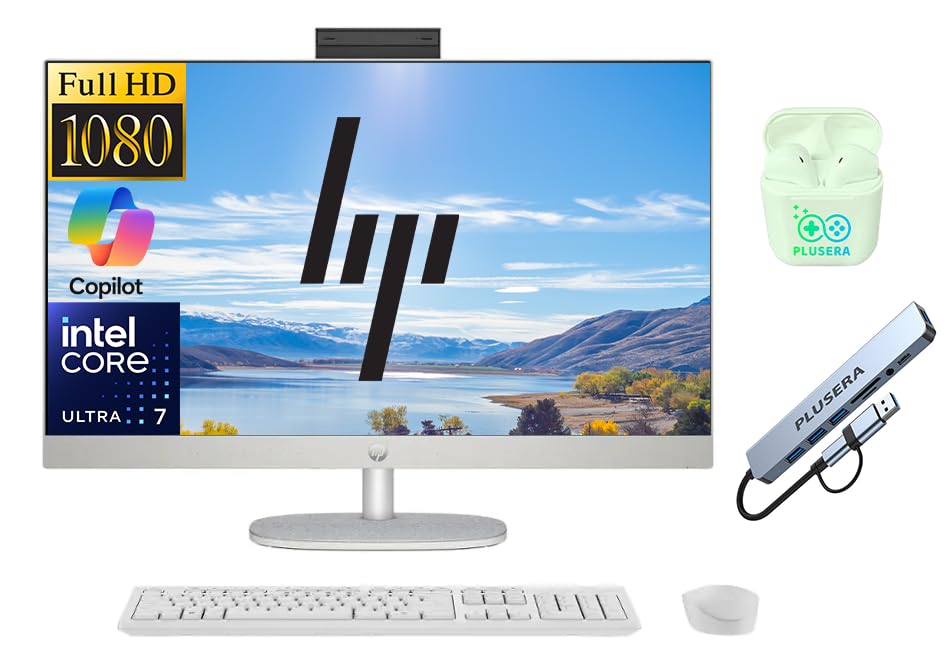Image of HP 27 inch FHD All-in-One Desktop Computer, Intel 12-Core Ultra 7 155U Processor, 16GB RAM 1TB Storage (512GB SSD+512GB External), Wireless Keyboard & Mouse, Windows 11, PLUSERA Earphones, White