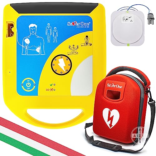 AMI ITALIA® Defibrillatore semiautomatico SAVER ONE con batteria non ricaricabile e coppia di piastre per adulti, Garanzia 6 anni, Made in Italy