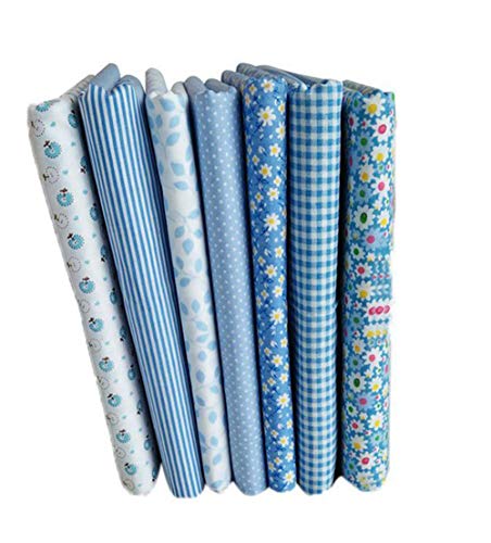 Quilting Fabric Gece 7pcs 20x20 inches (50cmx50cm) 7 Patterns Light Blue Cotton Fabric Squares Quilting Sewing Floral Flower Dots Stripe Precut Fabric Square Sheets for Craft Patchwork