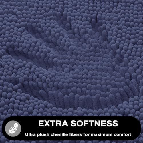 Image of LUXEHOME International Microfibre Chenille Contour Bath Mat Set for Bathroom, Anti Slip Super Absorbent Quick Dry Washable Bathroom Mats, Solid (Navy 45x75cm & 47x47cm) Pack of 2