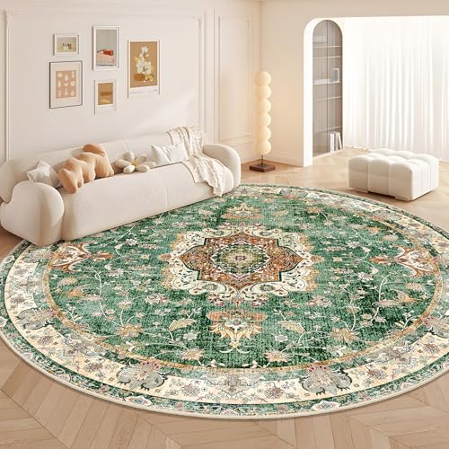 Castage Large Green Round Rug 9ft, Boho Circle Area Rugs for Bedroom Living Room,Washable Vintage Bohemian Distressed Oriental Floral Carpet Non Slip,Retro Sage Floral