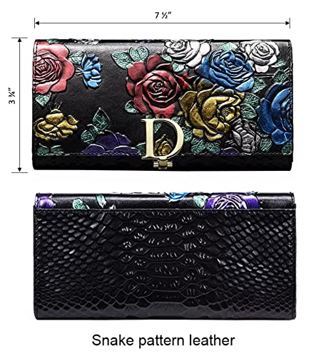 Aslana Genuine Leather Wallet for Women, RFID Blocking Floral Hand Painted Embossed Large Capacity Clutch Purse (Colorful Dragonfly)2