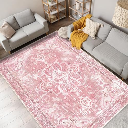 AUWUUA Alfombra Boho Vintage Lavable de 120 x 200 cm, Estilo Retro, con Aspecto Desgastado, Rosa, Antideslizante, Suave, de Pelo Corto, para Dormitorio, Habitación Infantil, Comedor, Cocina, Fino