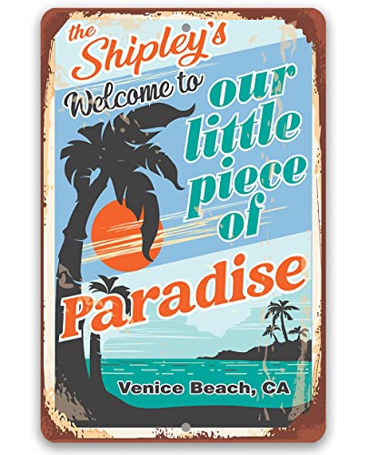 Personalized - Welcome To Our Little Piece Of Paradise - Rustic Wall Art Home Decor For Beach House, Retro Vintage Coastal Decoration For Patio And Pool, 12X18 Indoor/Outdoor Durable Metal Sign #TOP14