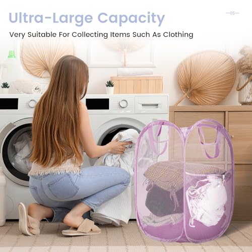Image of HOUSE AGAIN 2Pack Strong Mesh Pop Up Laundry Hamper, 70L Collapsible Laundry Basket with Steel Frame, Double‑Stitched Handles & Side Pocket, Foldable Dirty Clothes Hamper for Dorm, Bedroom, Light Pink