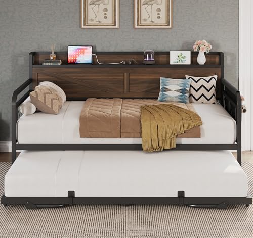 Image of LIKIMIO Twin Daybed with Pop Up Trundle & Charging Station & Storage Shelf
