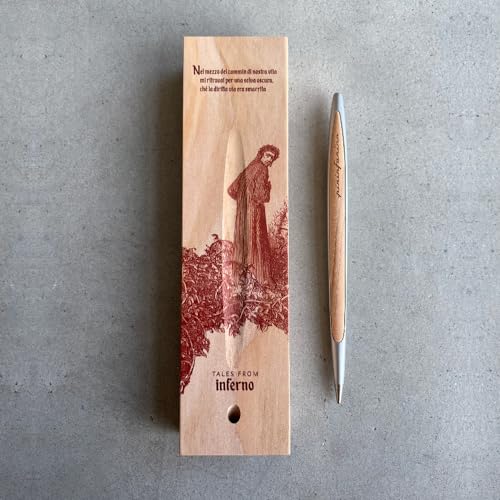 Image of pininfarina CAMBIANO DANTE 700TH - TALES FROM INFERNO. Stylus Pen With Ethergraf Metal Alloy Tip, Body in Aluminum with Solid Cedar Wood Inserts And Desk Stand. Inkless Writing Utensil