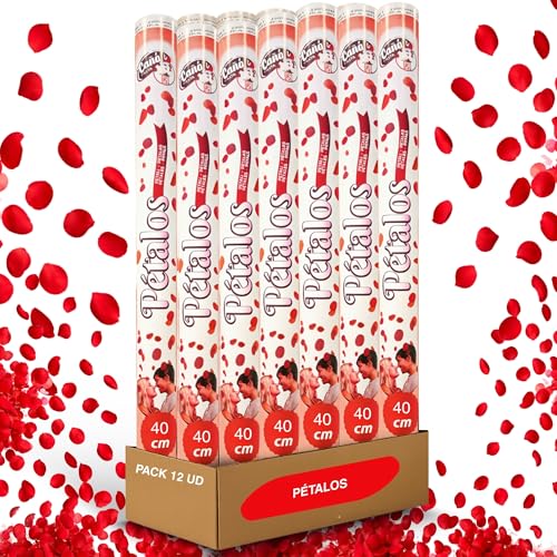 Cañón Confeti Boda, Cañón para fiestas y eventos, Fáciles y Seguros de Usar, Apto para bodas, eventos, celebraciones, Uso interior y Exterior, Diseño Petalos Rojos, 40 cm, Pack de 12 unidades