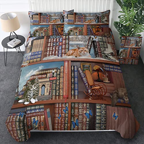 Sleepwish Cat in The Bookshelf Comforter Cover Set, Vintage Animal Pet Bedding Set, Cute Kitten Gifts Duvet Cover Set with Zipper for Kids Teens Boys Girls, 1 Duvet Cover 2 Pillow Cases, 3 Piece Twin