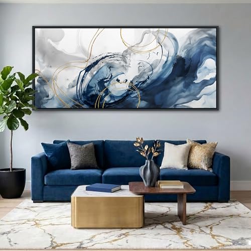 Image of Mofutinpo Blue Abstract Wall Art Large Canvas Wall Decor Modern Home Decor Office Wall Decor Home Decorations for Living Room Navy Blue Minimalist Bedroom Artwork 40x87IN