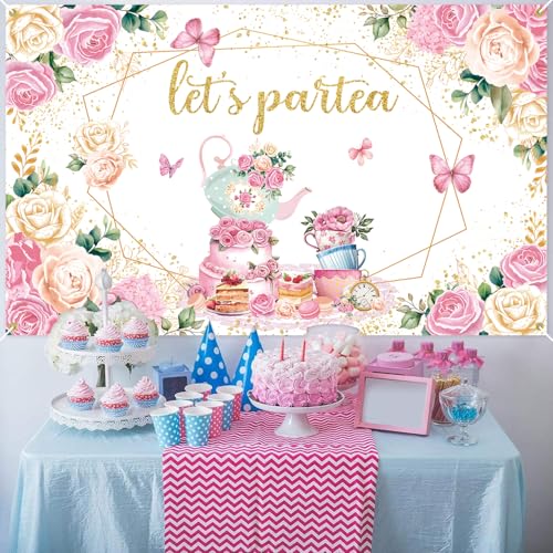 Image of Floral Tea Party Decorations Let's Par Tea Decorations with Floral Tea Honeycomb Centerpieces Tea Hanging Swirl Banner Backdrop Flower Ball for Birthday Baby Shower Wedding Tea Party Supplies
