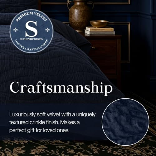 Image of DOWN HOME Crinkle Textured Velvet Quilt Set with Shams, All-Season Luxury Modern Bedding,Easy Care Comforter,Ultra-Soft,Lightweight & Breathable, Queen, Imperial Blue
