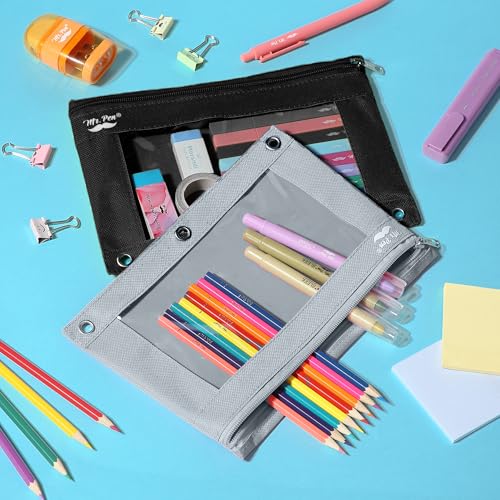 Image of Mr. Pen- Pencil Pouch for 3 Ring Binder, 2 Pack, 10 inchx6.75 inch, Smooth Zipper | Clear Window, Large Capacity Pencil Case with 3 Reinforced Grommets for School, Office, Supplies Storage | Clear Window, Large Capacity Pencil Case with 3 Reinforced Grommets for School, Office, Supplies Storage