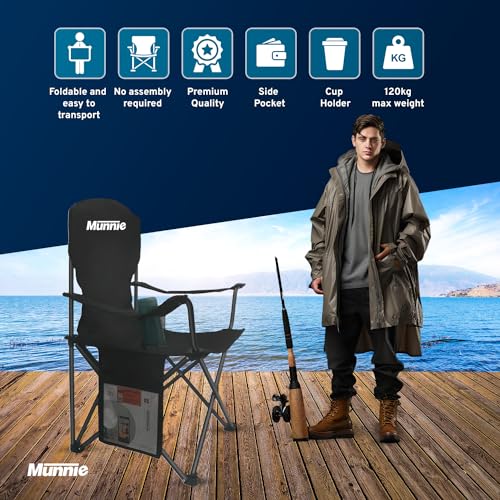 Munnie Set of 2 Folding Camping Chairs | Lightweight Heavy Duty Outdoor Chair | With Armrests, Cup Holder and Side Pocket | Extra-Wide 120kg Capacity per Chair | Included with Carry Bag – Black - Image 6