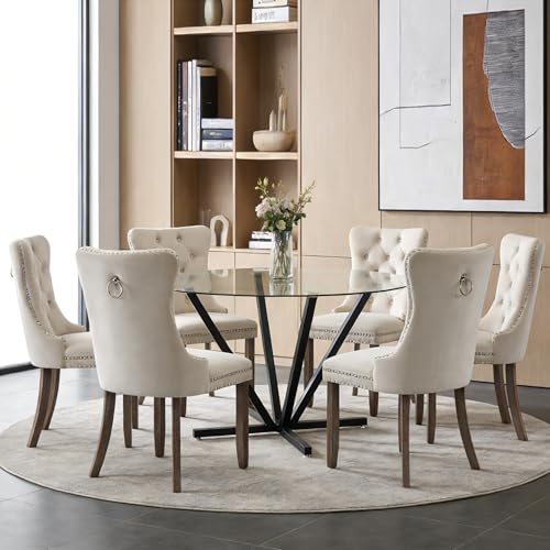 Maotifeys 7-Piece Round Glass Dining Table Set for 6, Luxury Clear Tempered Glass Kitchen Table Set with 6 Beige Velvet Chairs,45.2 Circle Dining Room Tables with Black Geometric Metal Base