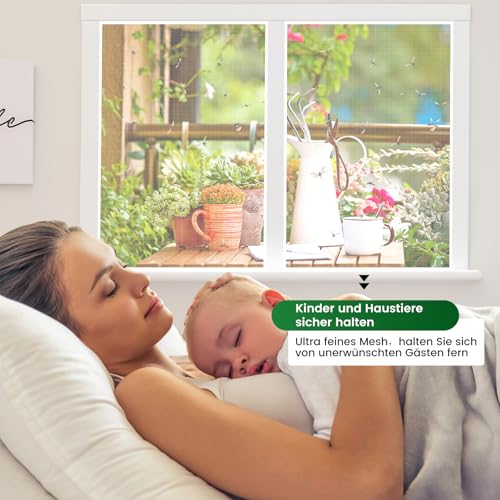 Fliegengitter Fenster ohne Bohren,150x180cm,Verdicktes Netz nicht leicht zu reißen,Insektenschutz Fenster mit Klettband+Zuschneider+Presshilfe, 2 Stück, Weiß