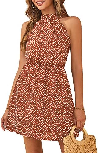 Women Sleeveless Casual Dress Halter Short Dress Floral Mini Dress (Orange,S)