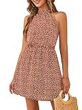 Women Sleeveless Casual Dress Halter Short Dress Floral Mini Dress (Orange,S)
