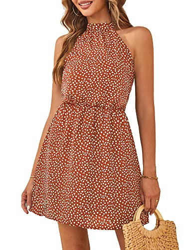 Women Sleeveless Casual Dress Halter Short Dress Floral Mini Dress (Orange,S) #TOP14