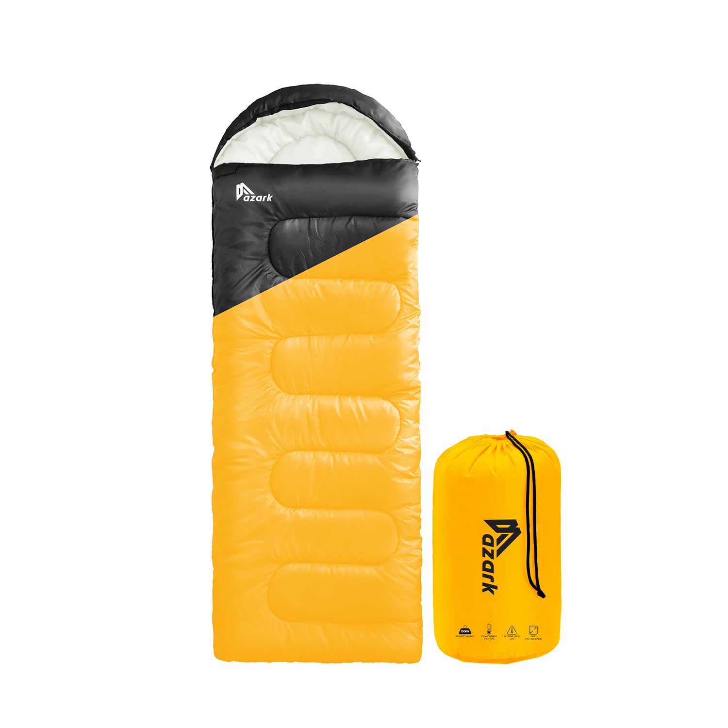 azark Premium Lightweight Sleeping Bag for Adults & Kids,400 GSM, 4 Season Waterproof Sleeping Bag, Comfortable & Portable, Machine Washable, Camping & Hiking Essential (Black/Mustard)