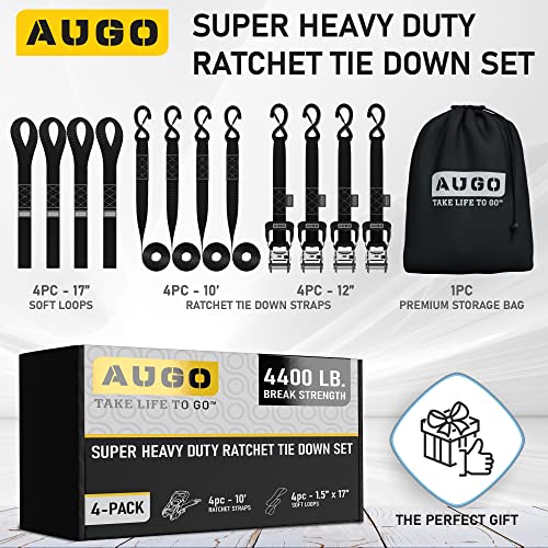 Image of AUGO Heavy Duty Ratchet Straps & Soft Loops - Pack of 4 Extra Strong 1.5 inch by 10' Ratchet Straps w /S-Hook Safety Latches & 4 Soft Loop Tie Downs - 4400Lb Break Strength for Motorcycles, ATVs, Etc.