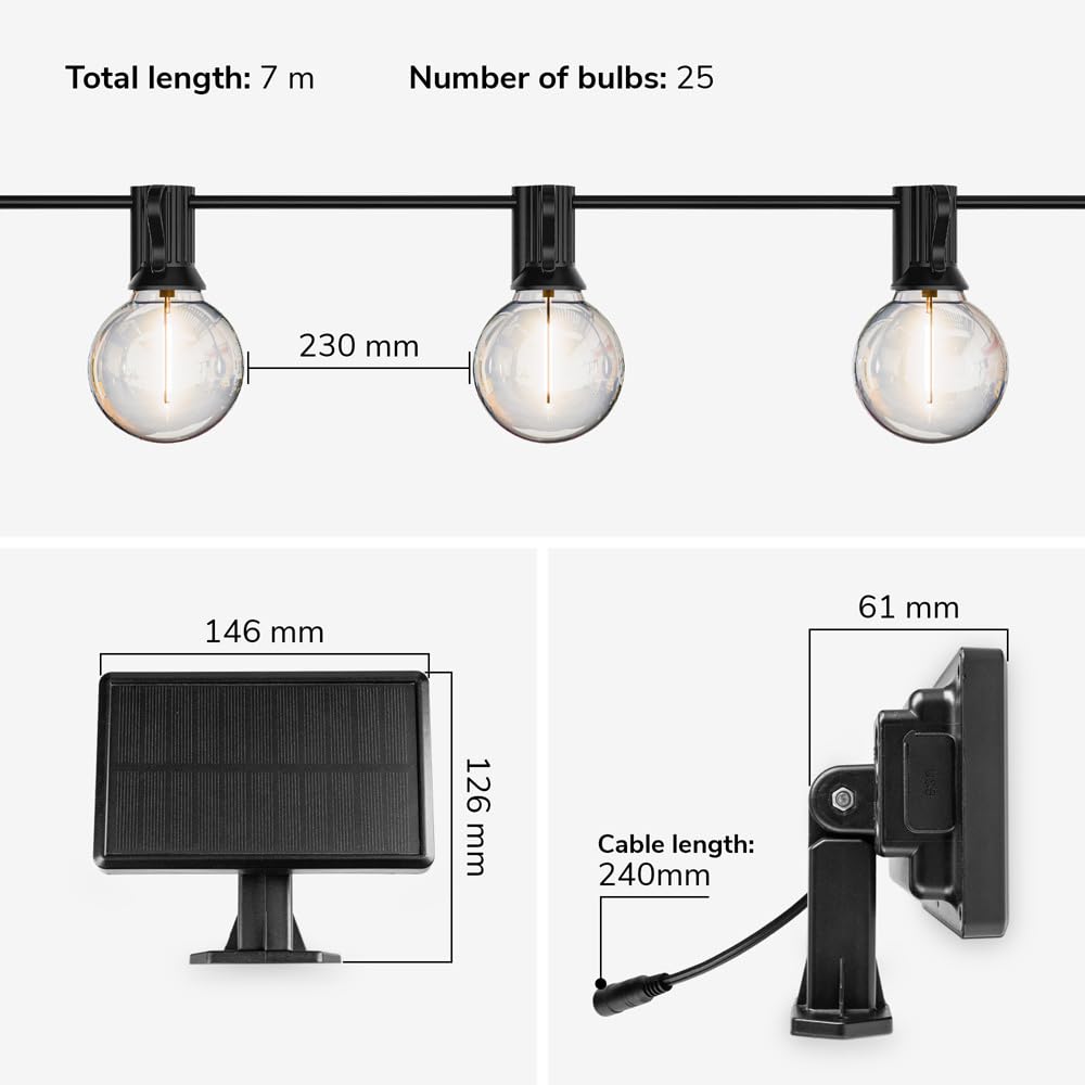 HOFTRONIC - Catena luminosa solare esterna 7 metri - 25 lampadine - 4 modalità di illuminazione - Luce bianca calda 2700 K - Interruttore crepuscolare - 25 Watt 750 lumen - Impermeabile IP44
