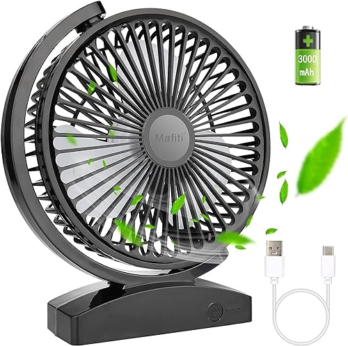 mafiti Ventilador USB silencioso de Escritorio 120 ° giratorio con 3 Velocidades Recargable, de 16 cm, Ventilador de Mesa, Perfecto para el dormitorio, Oficina y Camping (Negro)