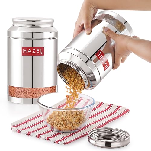 Image of HAZEL Steel Transparent Airtight Jar 3250 ML - Set of 2 | Storage Container for Grains, Pulses & Snacks