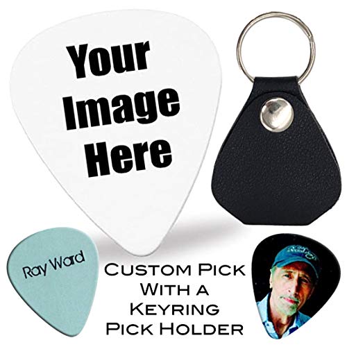 1 Personalized Guitar Pick - Premium White Celluloid - Full-Color Custom Guitar Picks with Your Photo or Design and a Keyring Pick Holder. Great Gift for Any Musician or Guitarist.