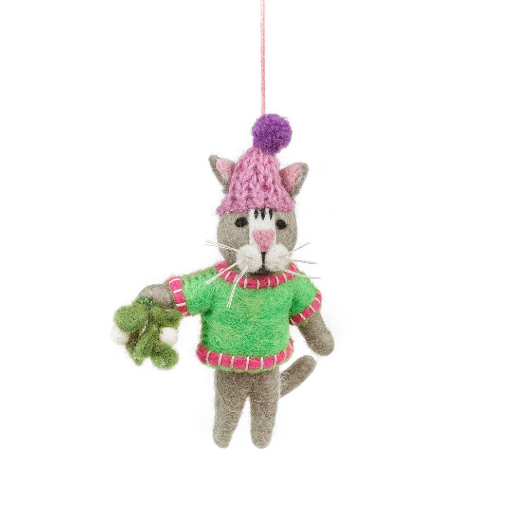 Felt Cat Christmas Decoration, Needle Felted Wool Cat with Mistletoe and Bobble Hat Bauble, Xmas Tree Hanging Cat Decoration, Fun Novelty Cat Bauble Figurine, Handmade Wool Animal
