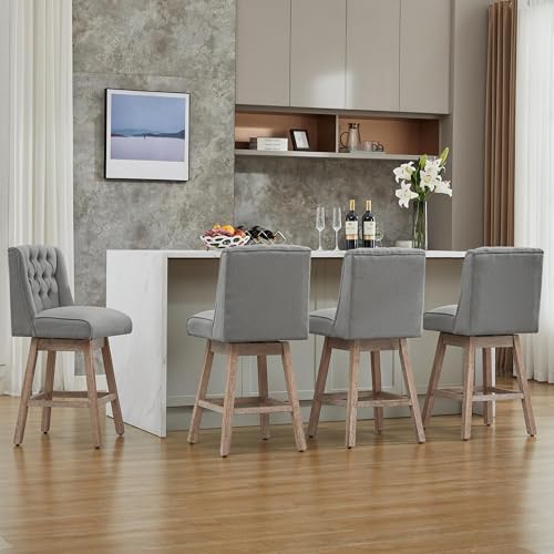 Image of Counter Height Bar Stools Set of 3, 360Swivel Bar Stools with Back and Wood Legs, 28.5 inch Morden Linen Fabric Upholstered Barstools for Kitchen Island Dining Room Bar