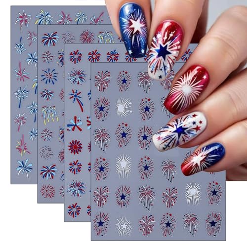 2026 Independence Day Colorful Fireworks Nail Art Stickers July 4th Nail Art Supplies Fireworks in Full Bloom Nail Art Accessories for Women Girls Manicure Decorations 4 Sheets