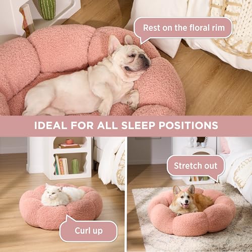 lesure calming medium dog bed - flower donut round fluffy puppy bed in plush teddy sherpa non-slip cute flower cat beds for indoor cats medium pet bed fits up to 45 lbs machine washable pink 3034