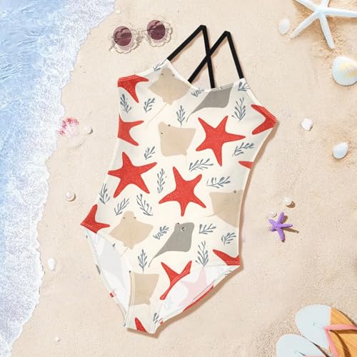 Manta Starfish Pattern Girls One Piece Swimsuits Summer Quick Dry Beach Bathing Suit3