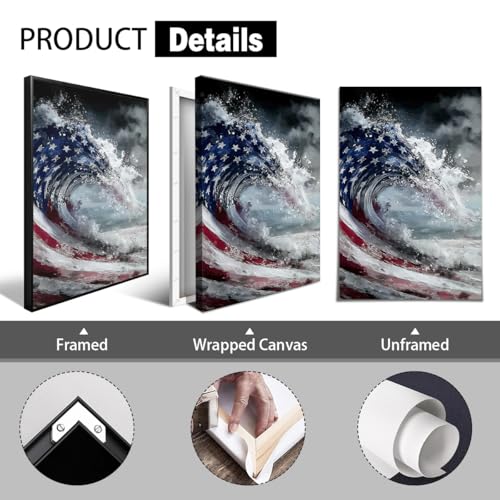 Image of American Flag Canvas Wall Art, 4th of July Patriotic Poster Print, USA Flag Ocean Waves Abstract Picture, Modern Independence Day Wall Decor for Bedroom Living Room 24x36in Unframed