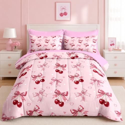 Image of Nesker 7 Pcs Comforter Set Full Size, Cherry Bow Bedding for Kids Teen with Fitted Sheet 2 Pillowcases & 2 Shams for Bedroom Bed Decor