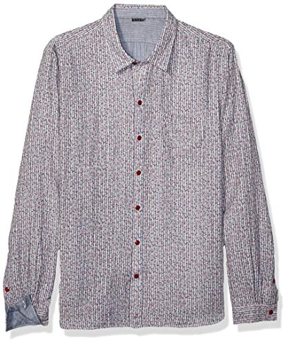 John Varvatos Star USA Men's Neil Ditsy Print Over Stripe Reversible Shirt, Antique Rose, Small